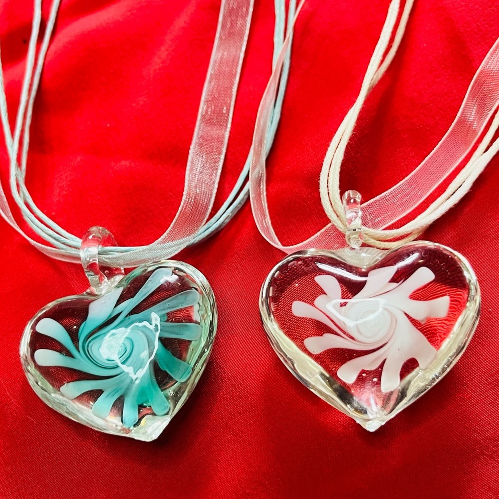 Lot of 2 Vintage Murano Glass Heart Pendant Necklaces 90s style